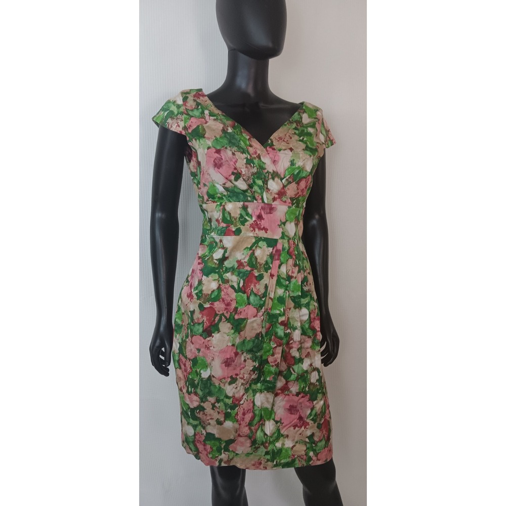 Talbots Petites Floral Sheath Dress 12P Pink Green Cotton Spandex Pleated V-Neck